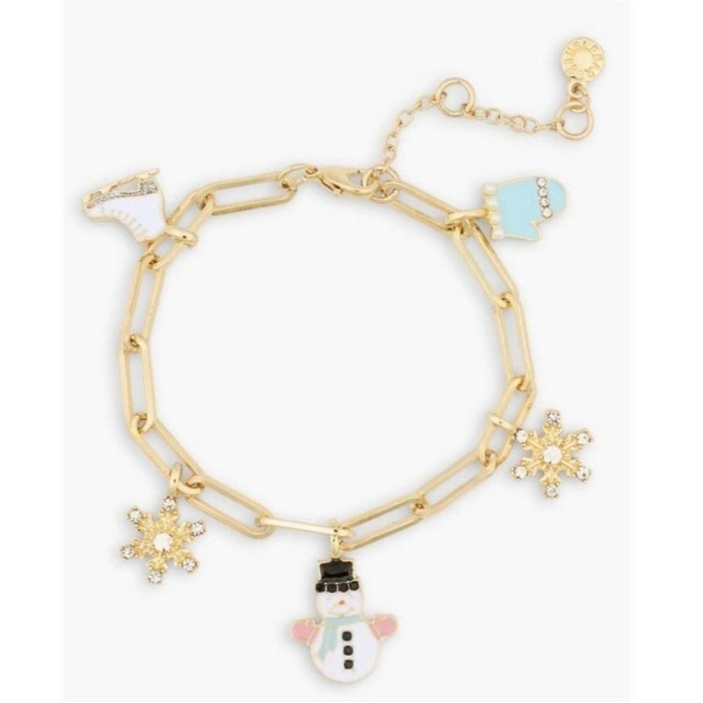 BaubleBar Gold Tone Winter Charm Bracelet Snowman Snowflake Ice Skate Mitten